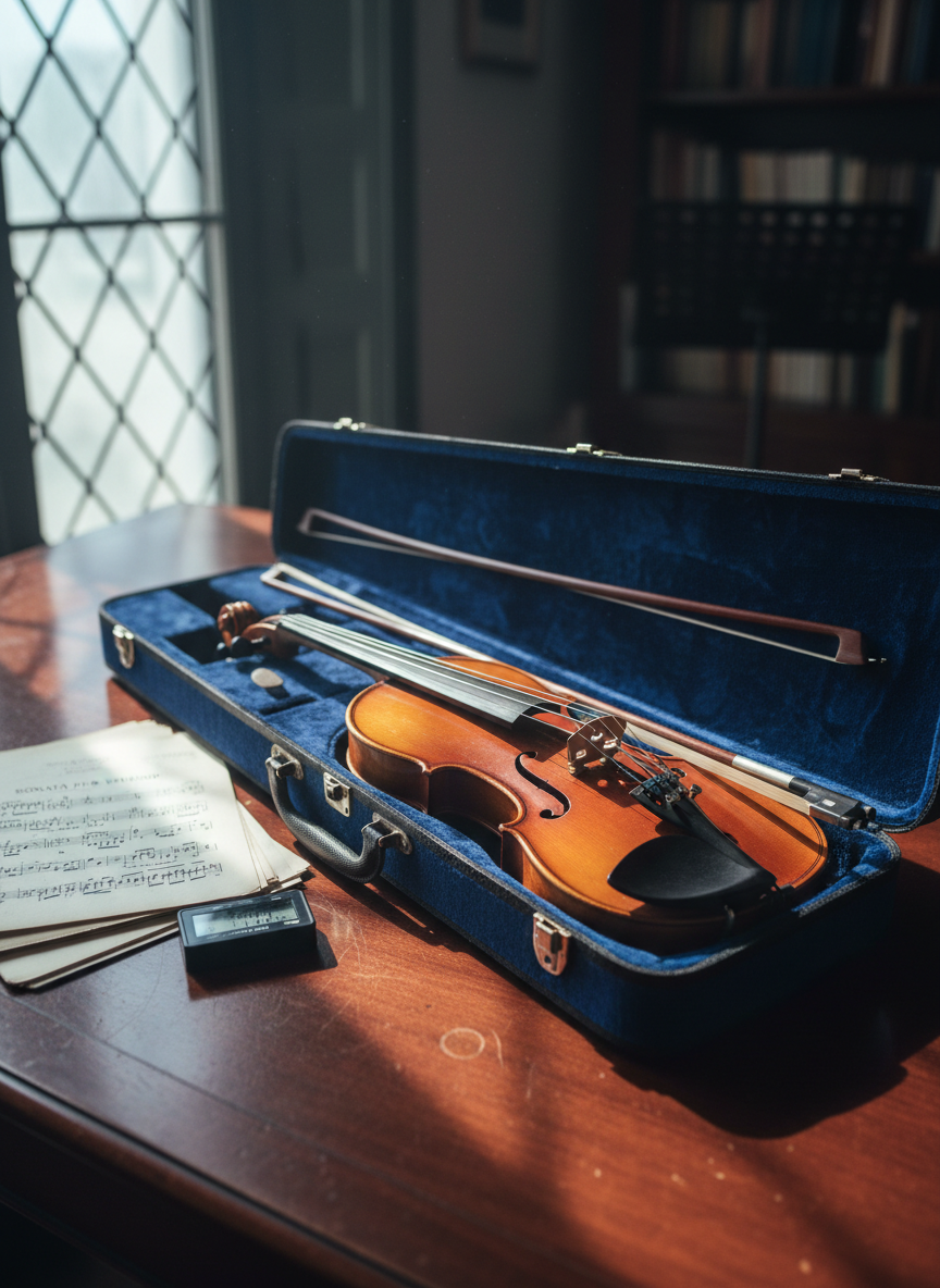 A refined violin and its bow resting gently in an open velvet-lined case atop a classic wooden desk in a quiet practice room. The violin’s amber varnish shines softly, showing subtle wear that speaks of regular study, while the bow’s horsehair and ebony frog are rendered in crisp detail. Beside the case lies a neatly stacked set of Italian sheet music and a compact electronic tuner. Cool, diffused daylight from a high window illuminates the scene, casting delicate shadows and reflections on the polished wood surfaces. Photographic realism, close-up composition with shallow depth of field, evoking a focused, intimate atmosphere characteristic of individual string lessons, with no people visible.